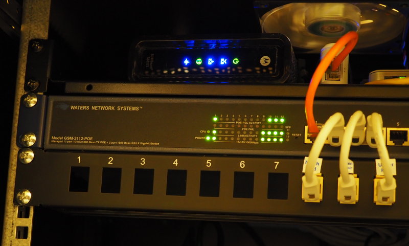 Beauty shot of the switch installed in a network rack