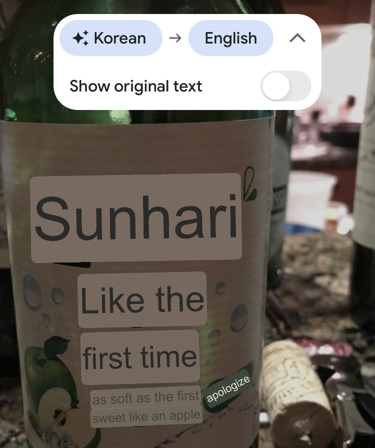 A photo of a bottle of korean alcohol, translated with google translate